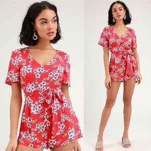 LULU’S Bethany Coral Red Floral Print Short Sleeve Romper